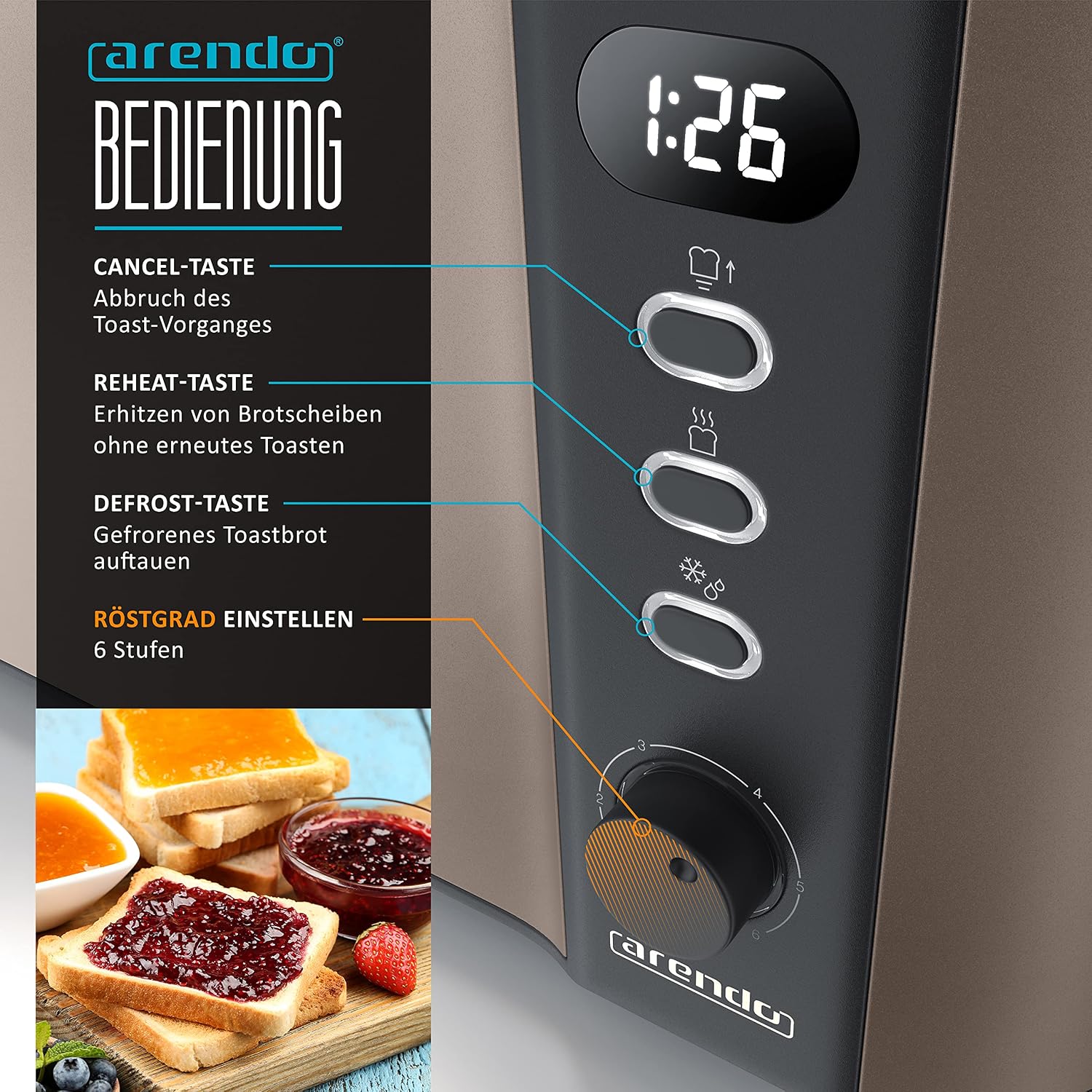 Detalle de arendo Edelstahl-Toaster Langschlitz für 4 Scheiben mit Auftaufunktion und Restzeitanzeige (Bronze Design)