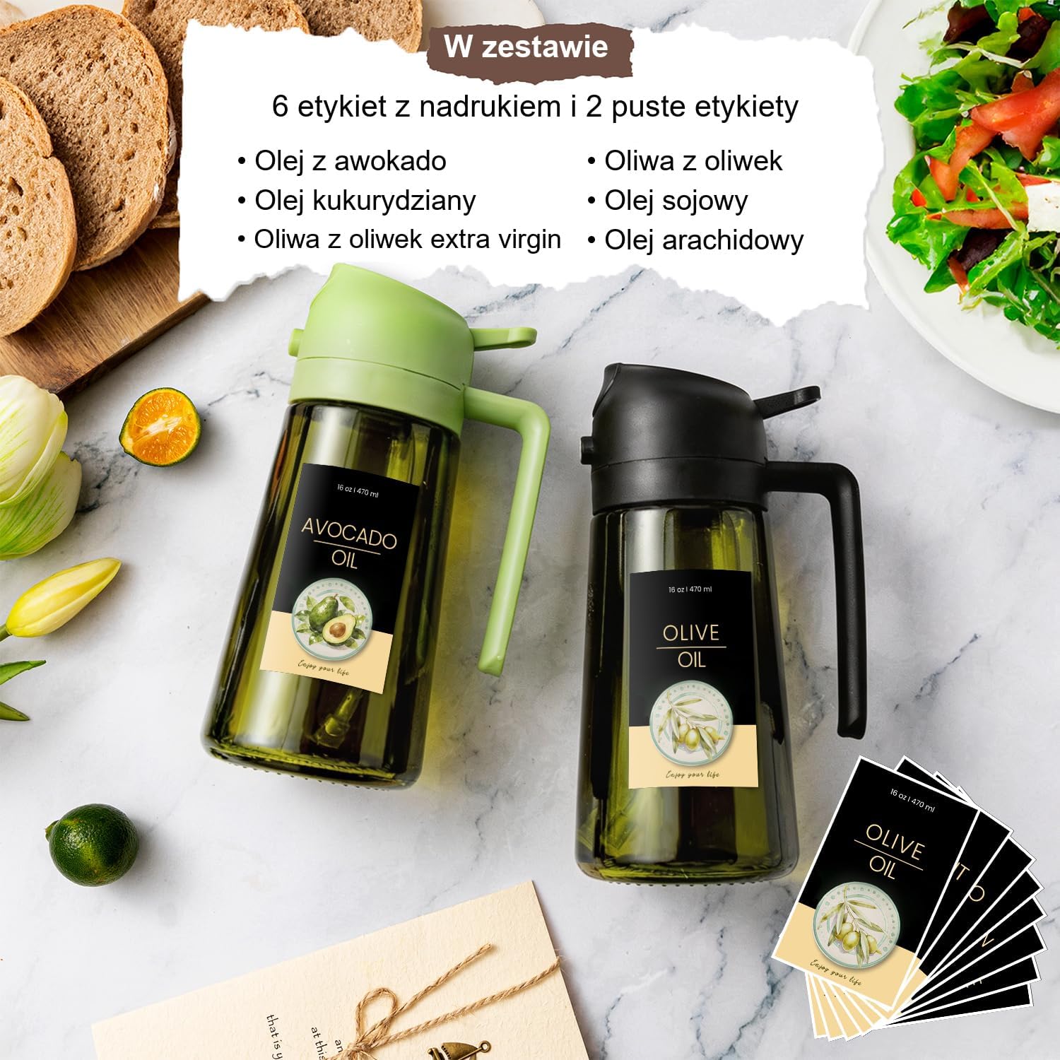 Detalle 2 de TrendPlain 2 w 1: szklana butelka na oliwę z dozownikiem i spryskiwaczem, 470 ml