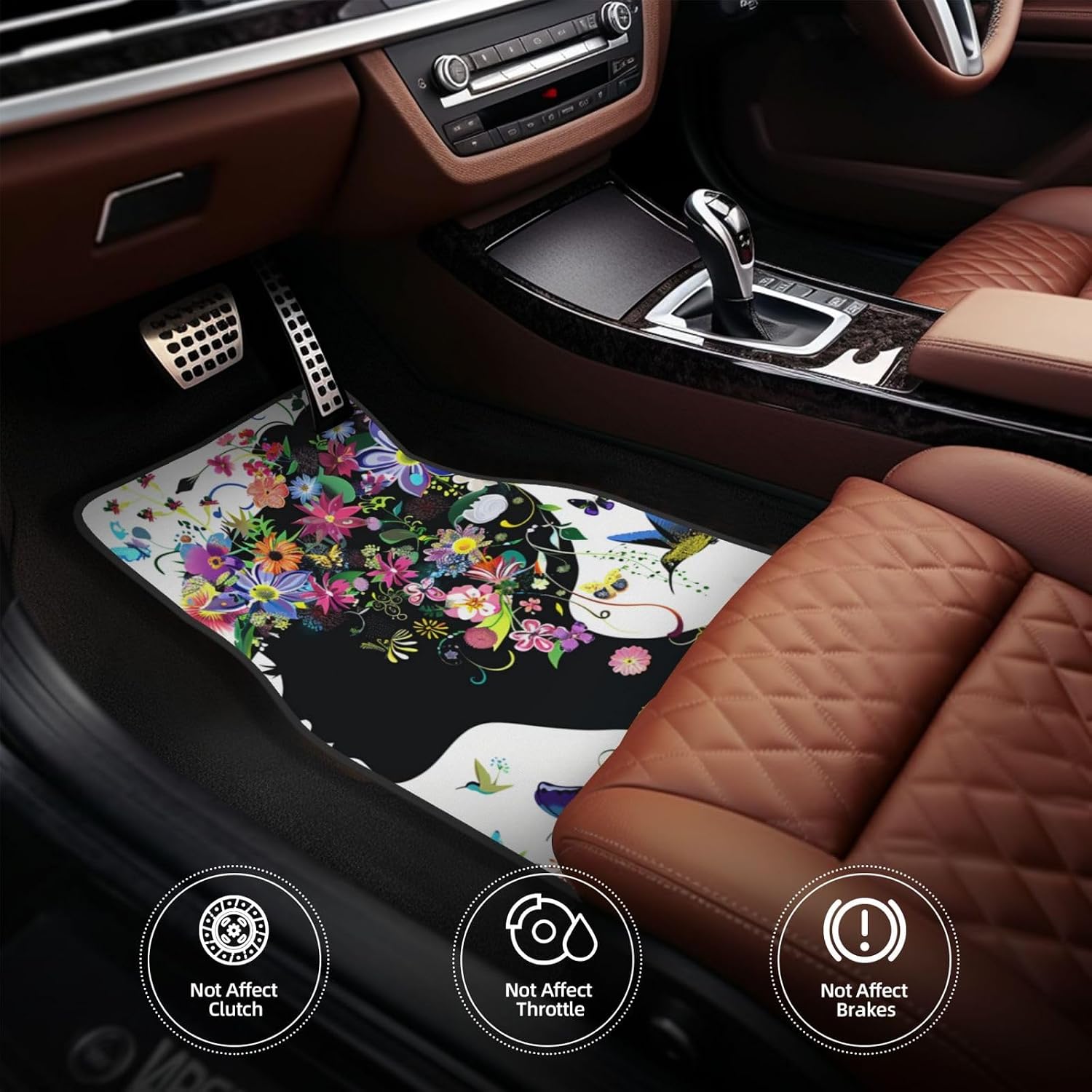 Thumbnail 5 de Car Floor Mats Set of 4pcs – Fashion Girl Silhouette with Colourful Floral Hairstyle Car Carpet
