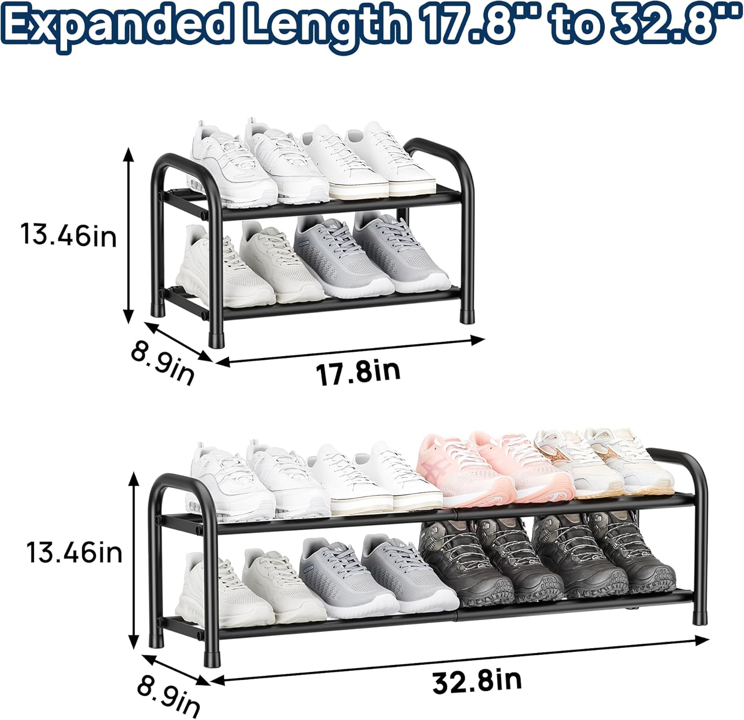 Detalle de ENJOYBASICS Expandable 2-Level Metal Shoe Rack – Adjustable 45–83 cm, Black
