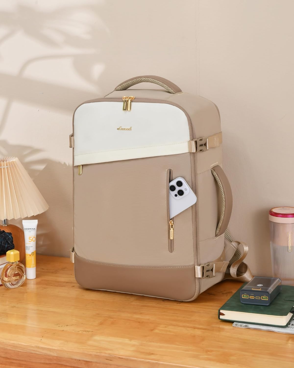 Detalle de LOVEVOOK Handgepäck-Rucksack 50L (18 Zoll) mit erweiterbarem Design – Cabin Bag für Reise & Business, Khaki