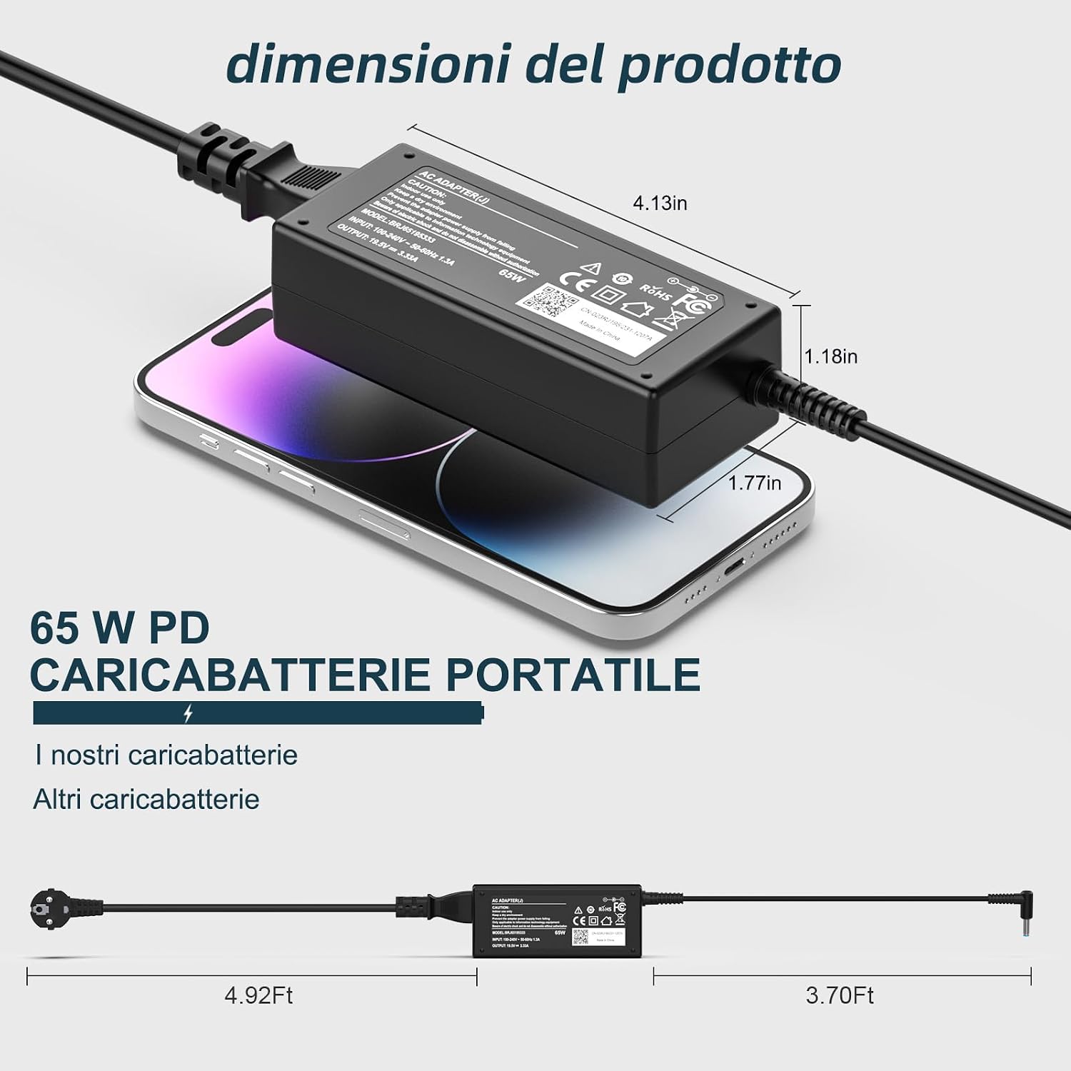 Detalle 2 de Caricatore 65W Compatibile con HP EliteBook, Pavilion, Stream e ProBook (4,5 × 3,0 mm) – 19,5V 3,33A