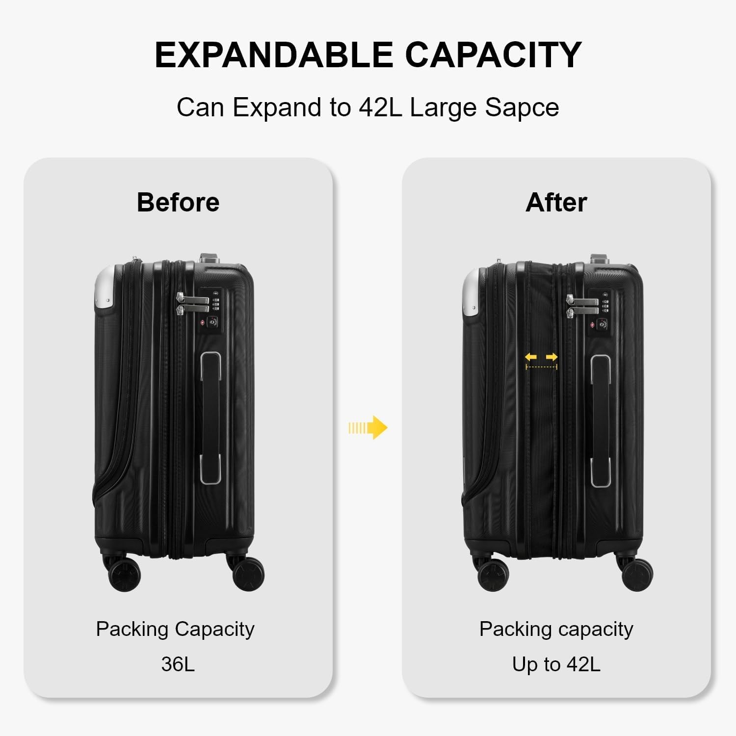 Detalle de LEVEL8 Carry on Suitcase Expandable with 4pc Luggage Organiser Set, 55cm Cabin Spinner with Laptop Compartment (Black)