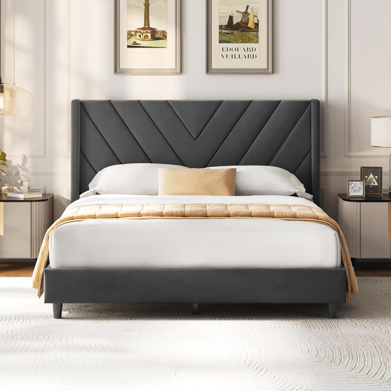 Detalle de Yaheetech YT-00144802 Queen Upholstered Bed Frame, Deep Gray Velvet