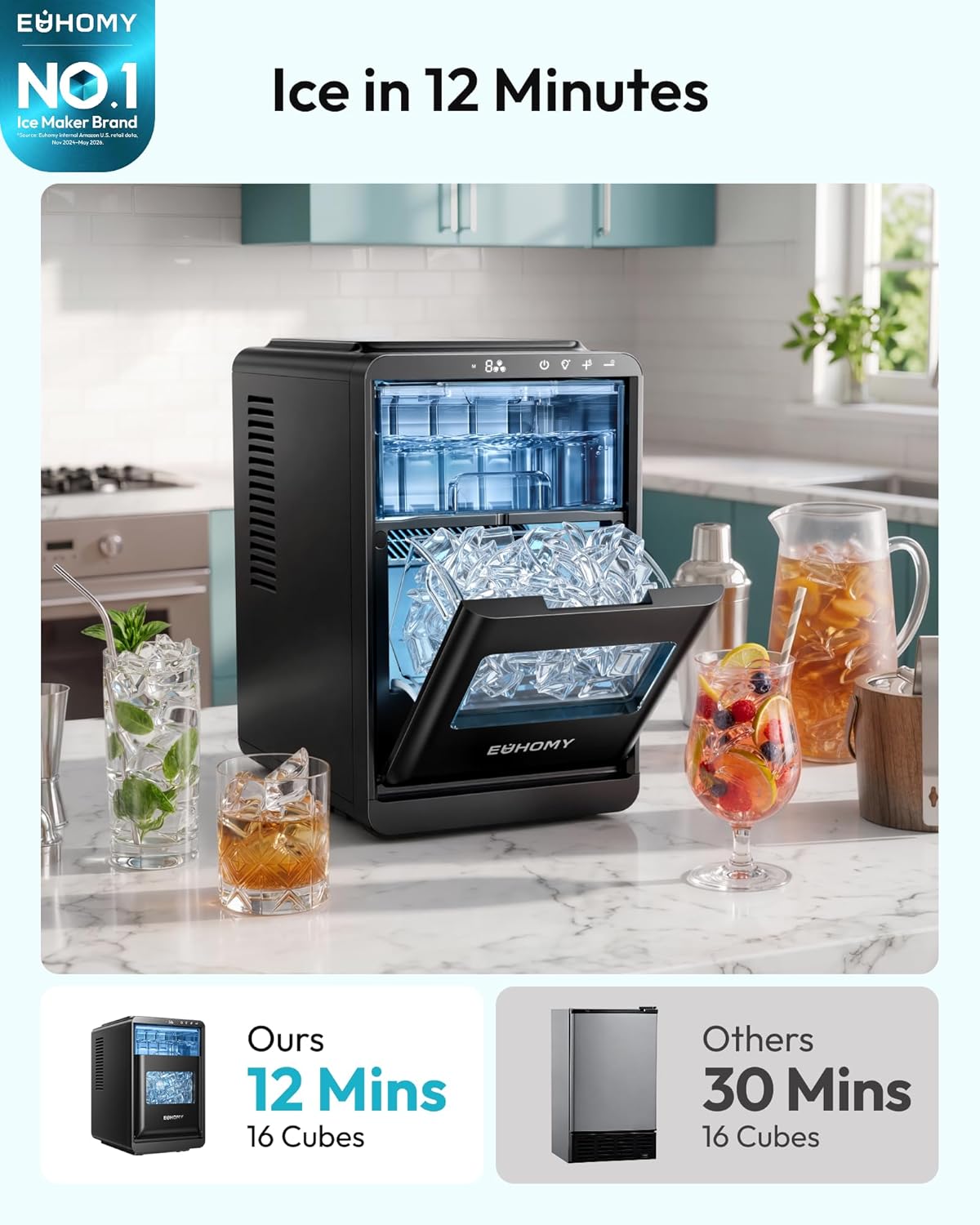 Detalle 2 de EUHOMY IM018-LBS-USEH Crescent Ice Maker, 16 Cubes in 12 Minutes, Adjustable Thickness