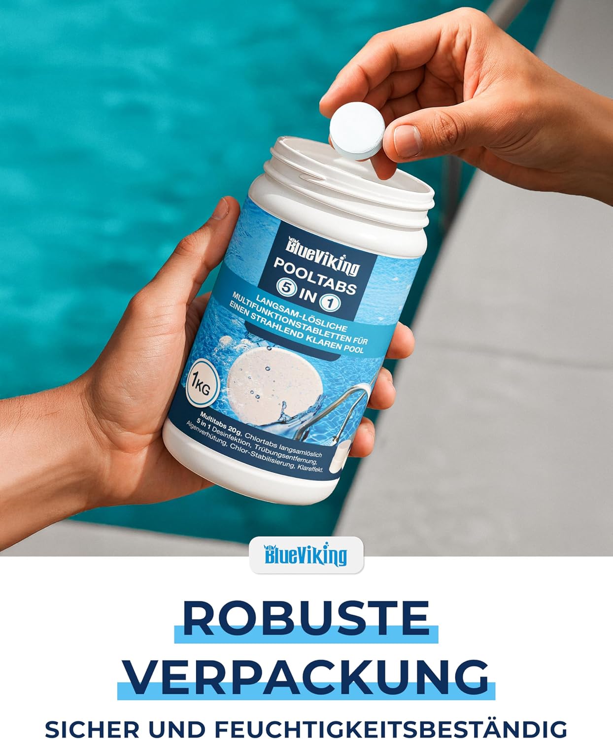 Detalle de BlueViking Chlortabletten 5 in 1 – Pooltabs, 20 g, 1 kg – Langzeit-Chlorierung, Algizid & Filterschutz