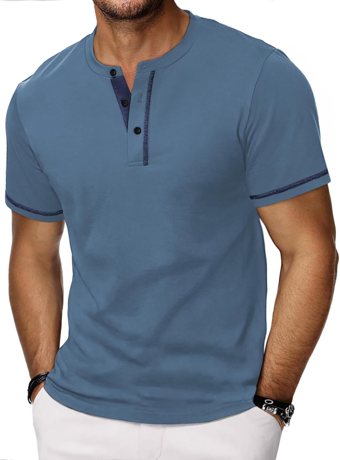 Thumbnail 6 de HMIYA Henley Kurzarm T-Shirt für Herren – Baumwolle, Knopf-Detail, Color-Blocking Ärmeln