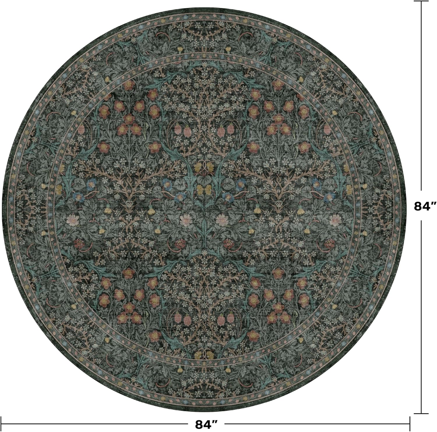 Thumbnail 1 de Washable Round Rugs 7ft with Non-Slip Backing, Dark Green Boho Floral Area Rug (Machine Washable)