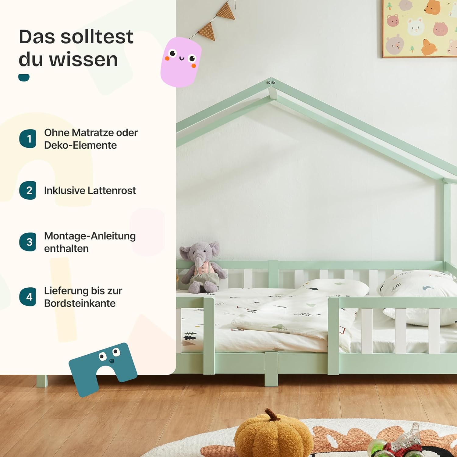 Thumbnail 6 de [en.casa] Kinderbett Treviolo Hausbett 120 x 200 cm Mintgrün – sicher, stabil und gemütlich