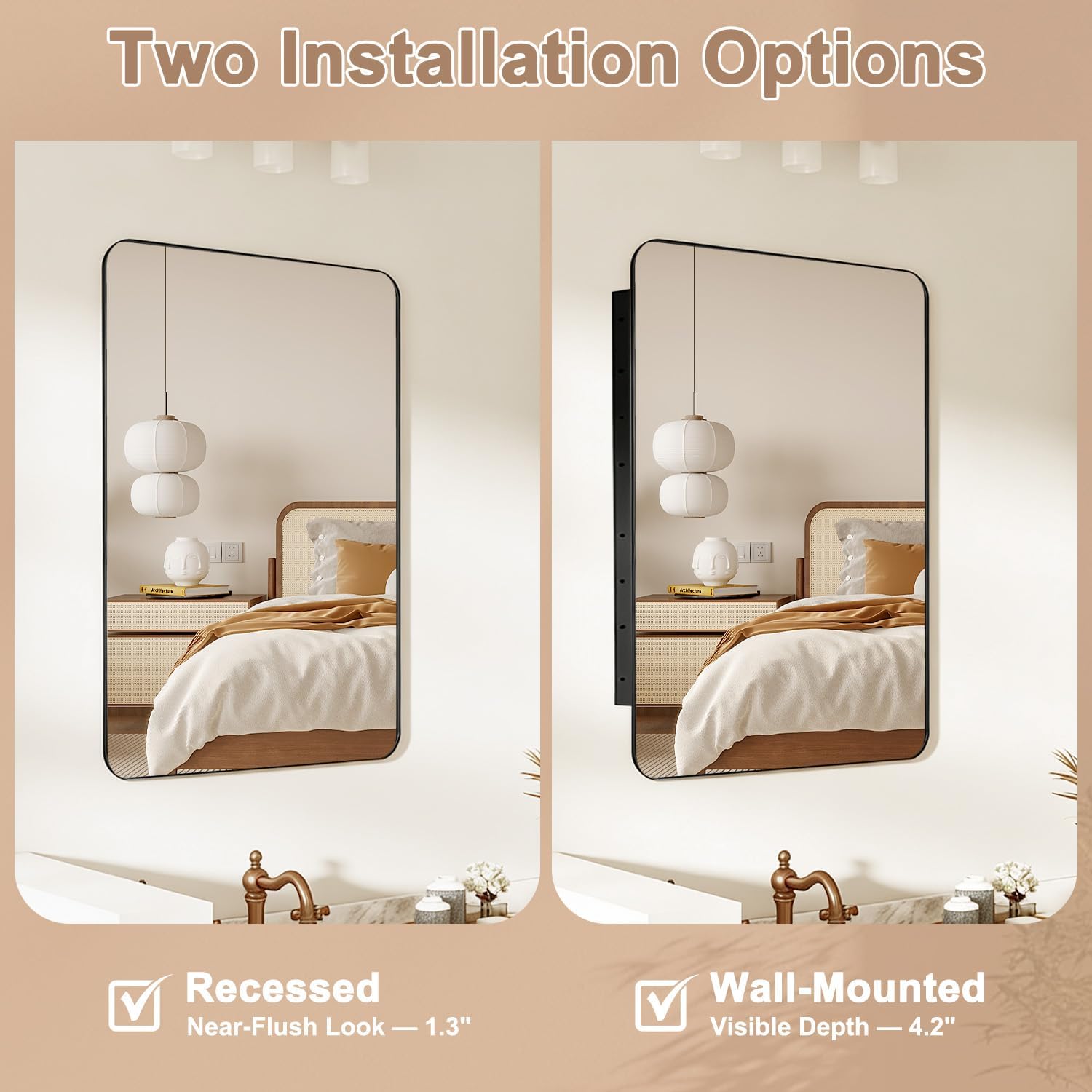 Detalle de Venlus Black Medicine Cabinet with Mirror, 20x28 Inch – Fully Assembled, Recessed or Surface Mount