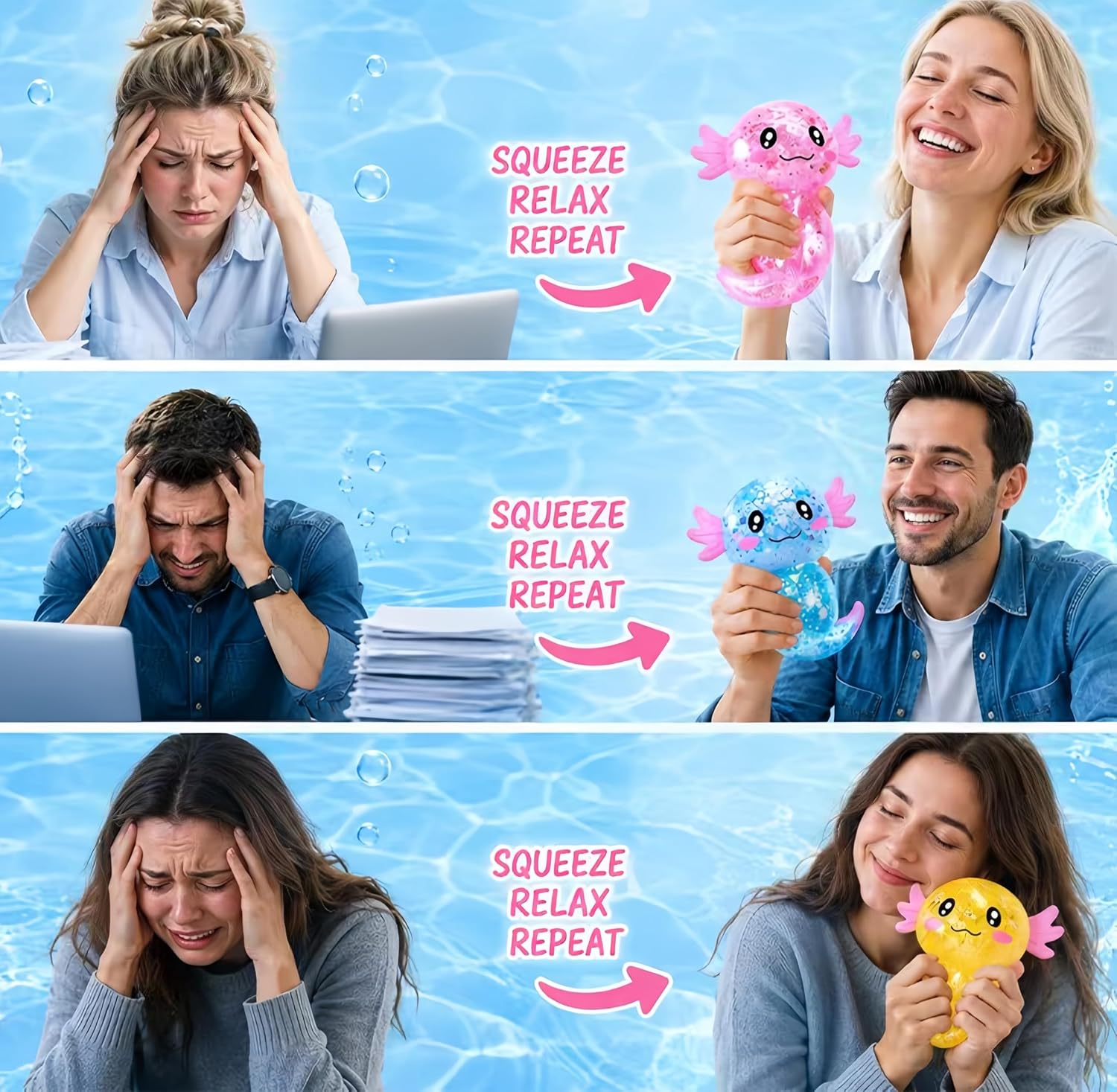 Thumbnail 3 de Axolotl Squishy Stress Relief Toy (2-Pack) – Glitter Gel Fidget Squeeze, Blue & Pink
