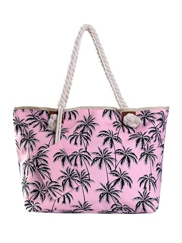 Detalle de DonDon Grande borsa da spiaggia idrorepellente con cerniera – Shopper Palmas rosa