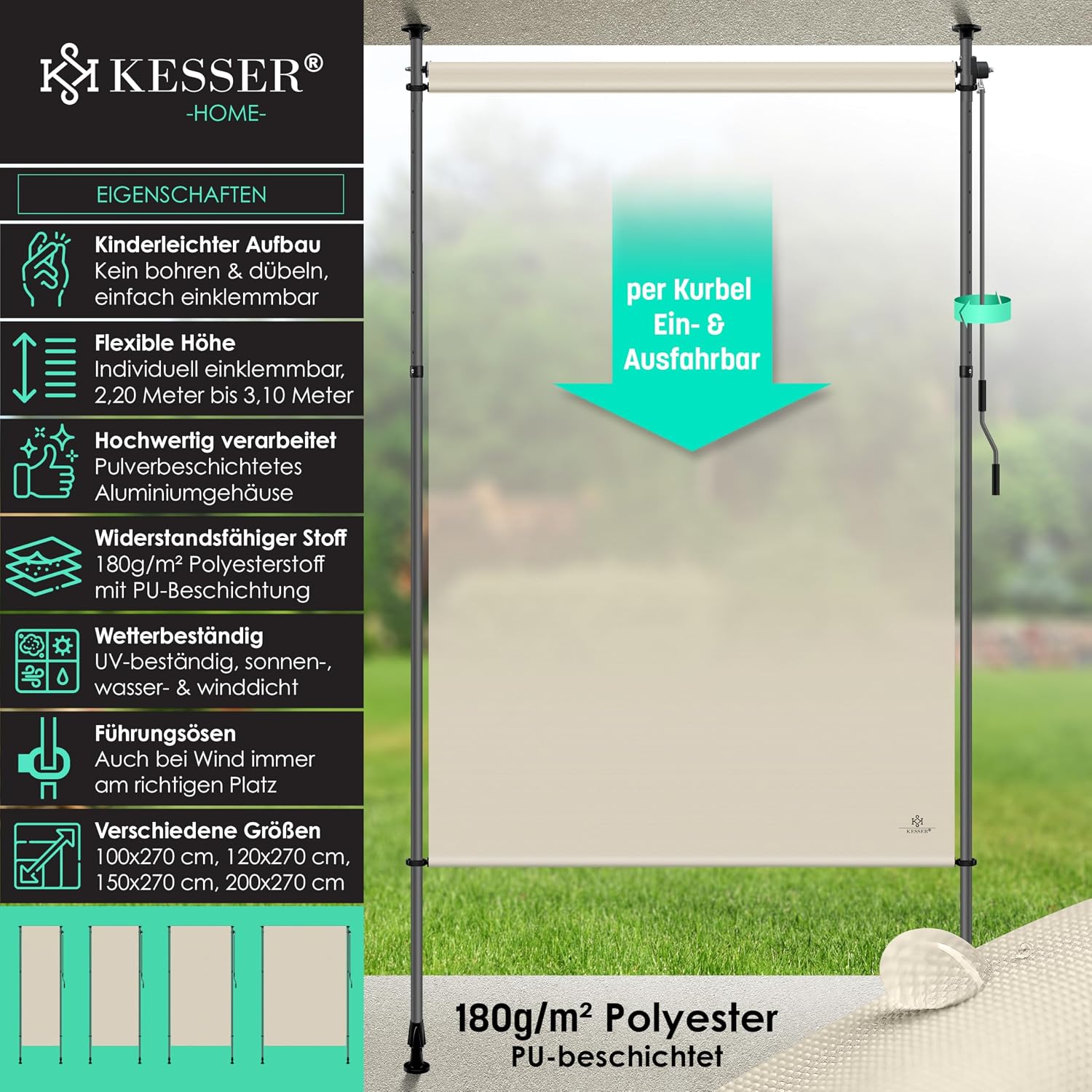 Detalle 2 de KESSER Klemmmarkise 120x310 cm – wetterfester Sichtschutz ohne Bohren, Wind- & Sonnenschutz