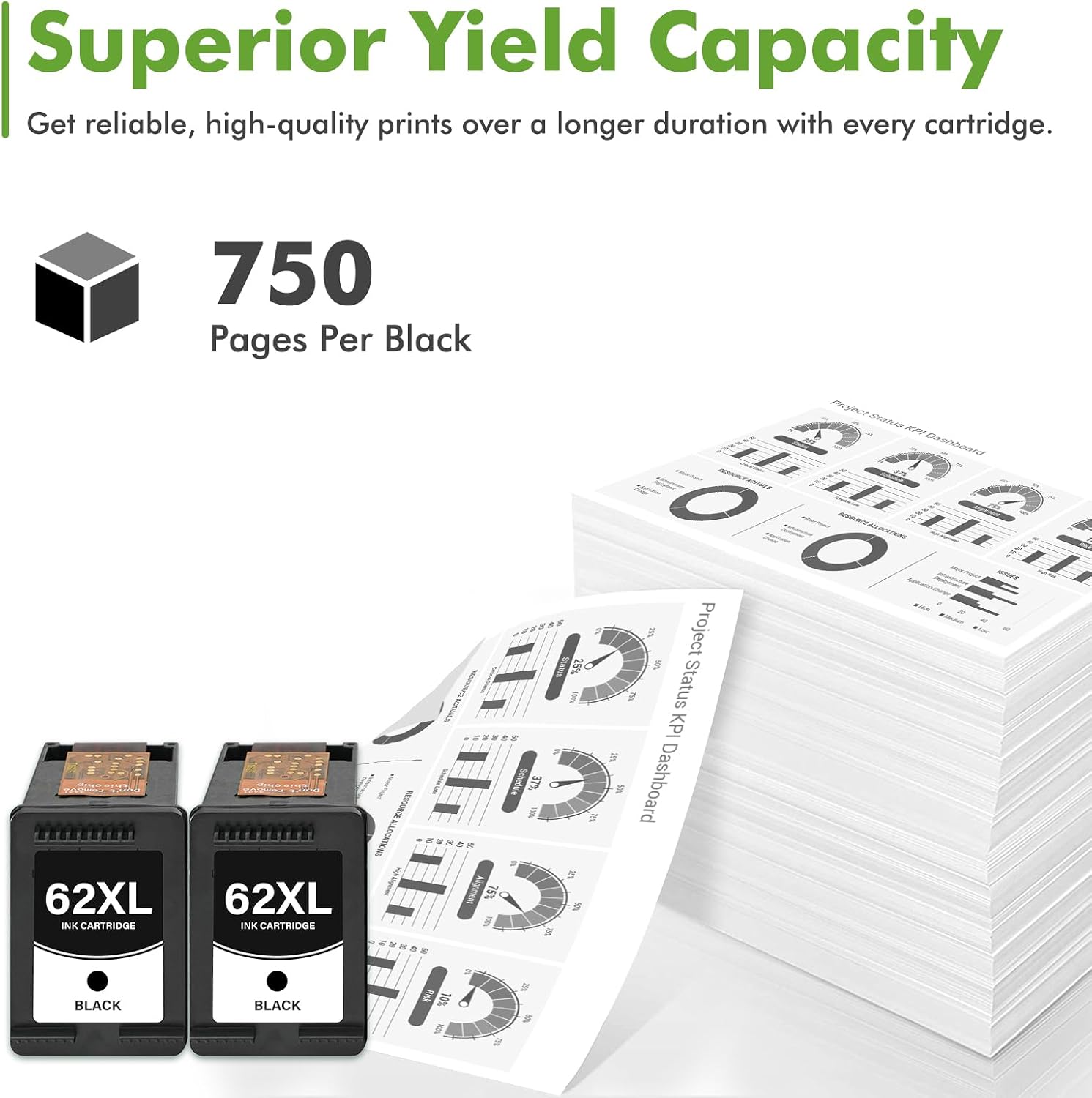 Detalle de WOWTONER 62XL Black Ink Cartridges, Compatible 2-Pack, Up to 750 Pages Each