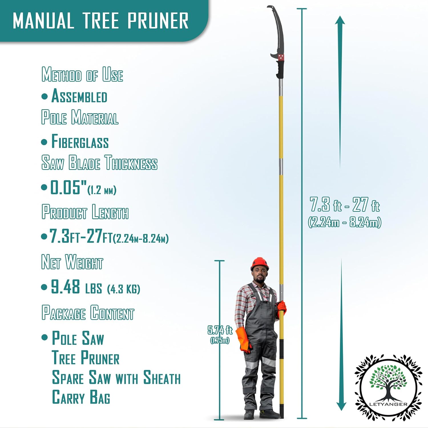 Thumbnail 4 de LETYANGER PSW Extendable Pole Saw with Alloy Steel Blade and Pruner