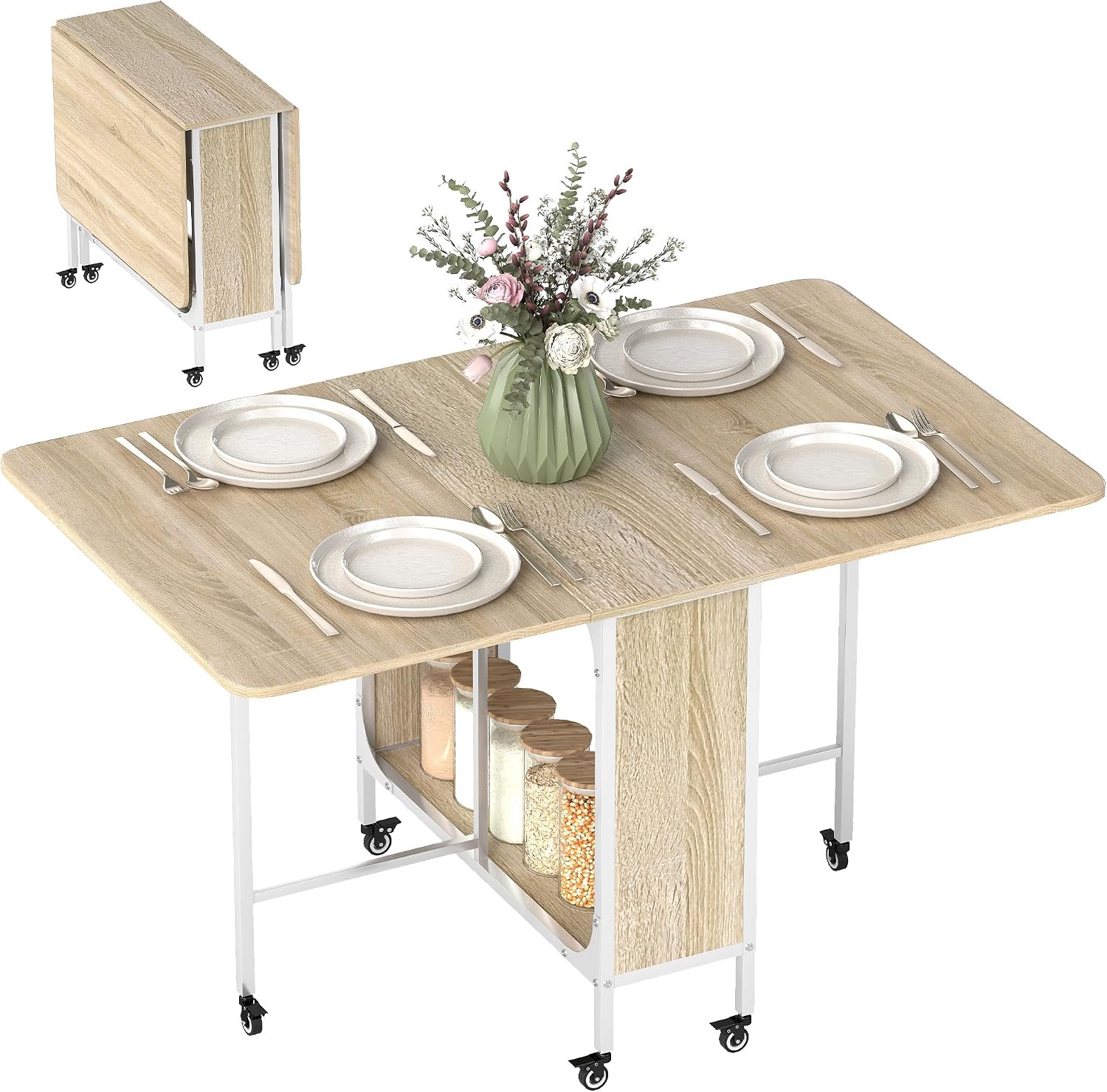 Detalle de HOMCOM 835-789V00ND Folding Dining Table, Drop-Leaf, 6 Wheels and Storage Shelf