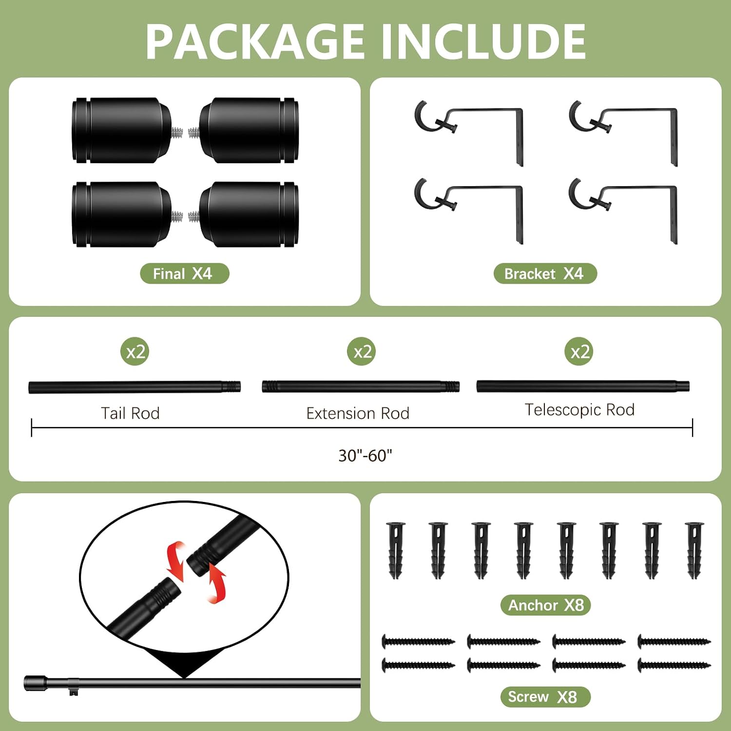 Thumbnail 2 de Edidonson Adjustable Black Iron Curtain Rods, 30–60 Inches, 2-Pack