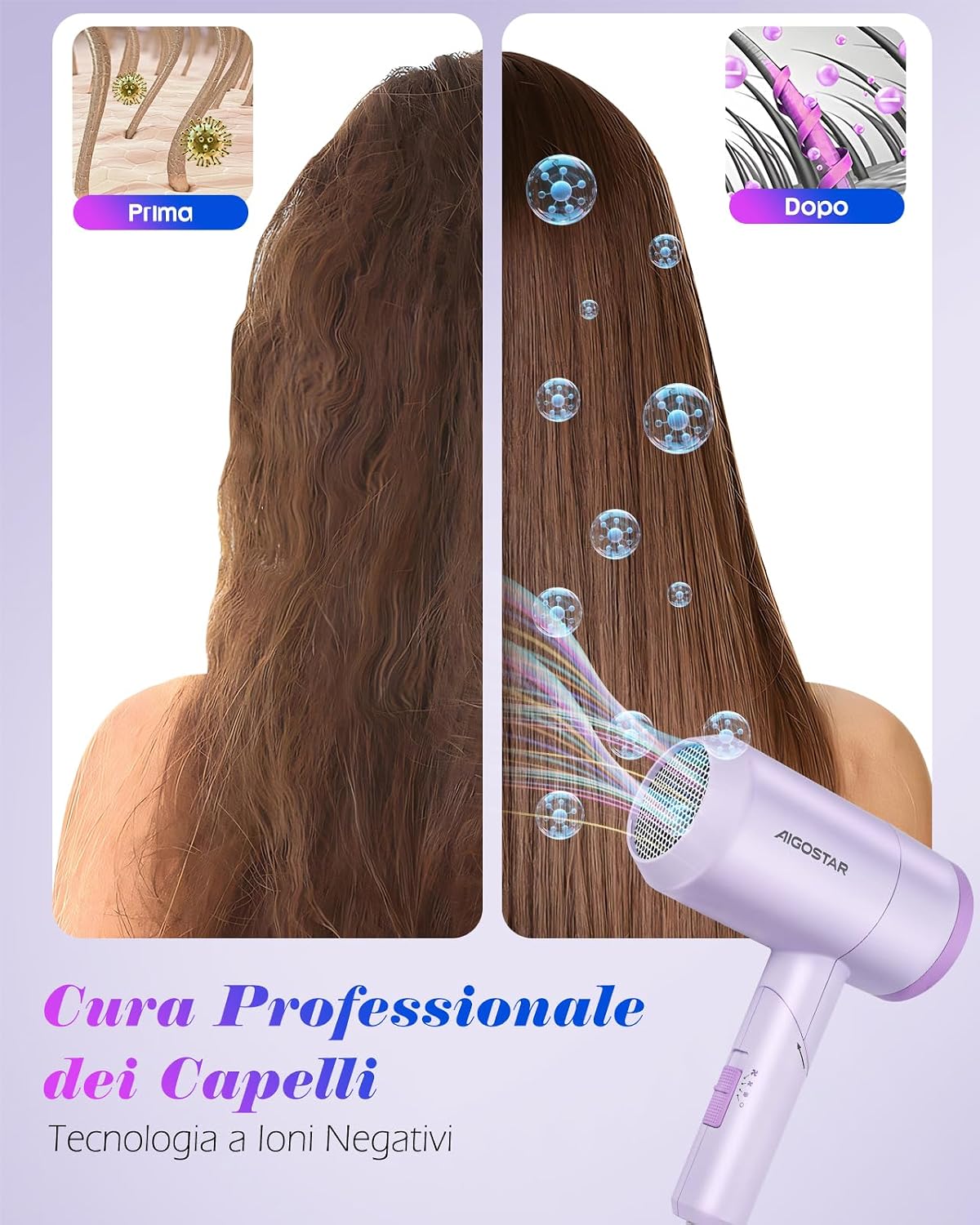 Detalle de Aigostar Phon Capelli 1800W Ionico: asciugacapelli pieghevole da viaggio in viola con 2 livelli di calore e concentratore rimovibile