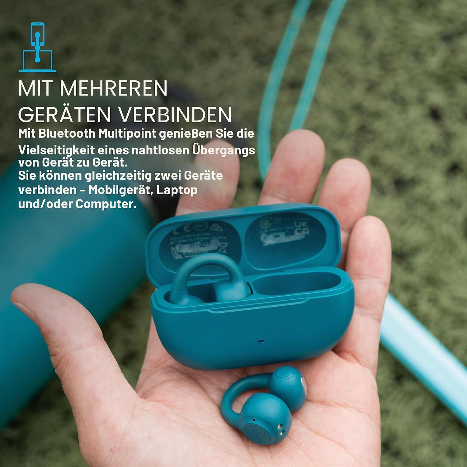 Detalle de JLab Flex Open Ear Kopfhörer (Open-Ear) mit Bluetooth Multipoint, Clip-Design und 21 Stunden Akkulaufzeit – Blaugrün