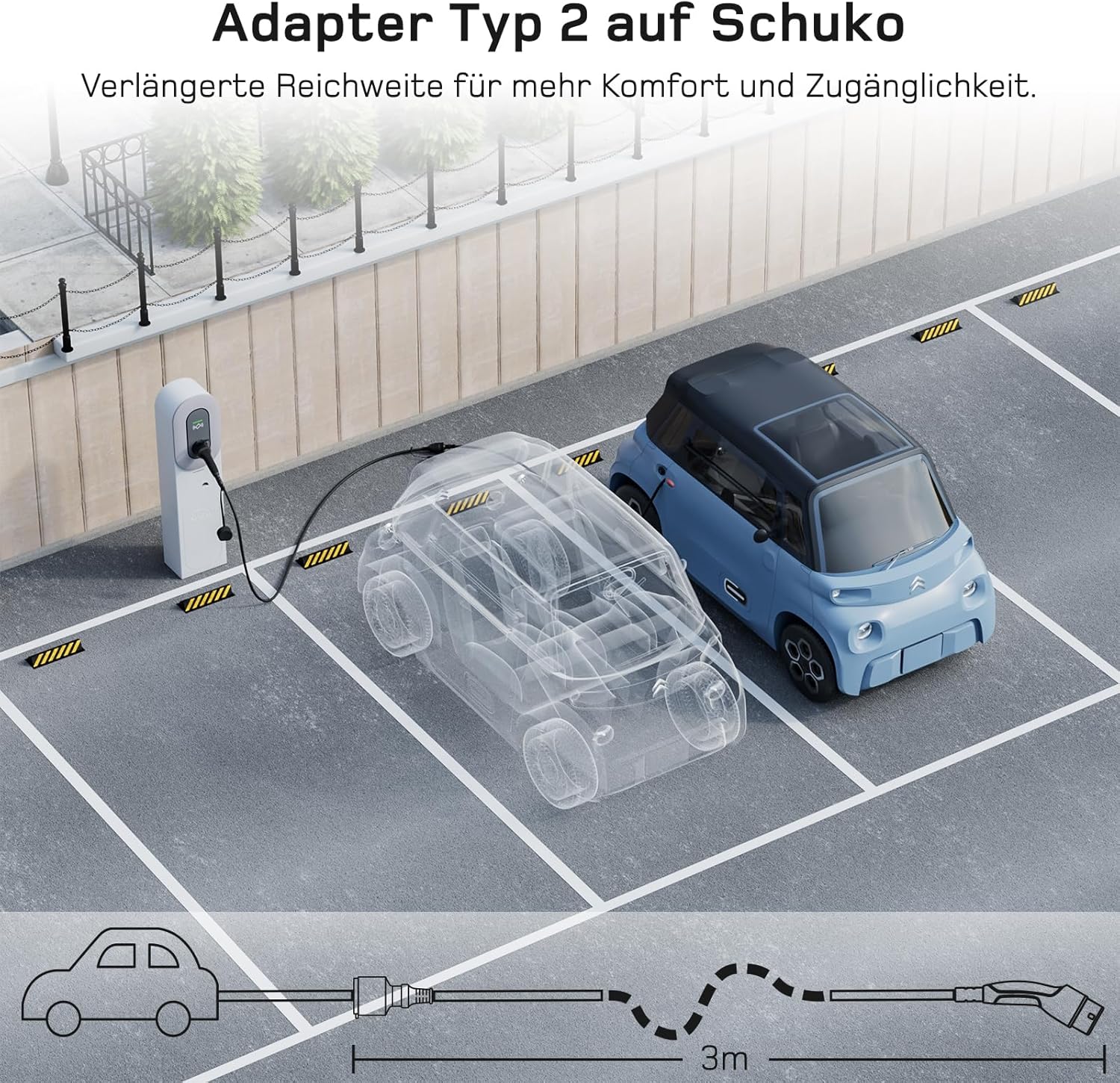 Detalle de Typ-2 auf Schuko Adapter – 16 A, 3 m, IP55, kompatibel mit E-Fahrzeugen und E-Scooter