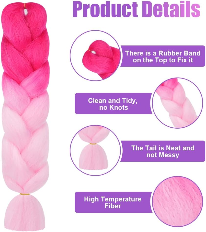 Detalle de Aoimg rajout cheveux en tresse Jumbo 2 pièces, 65 cm (fibre synthétique) pour crochet/twist – dégradé rose