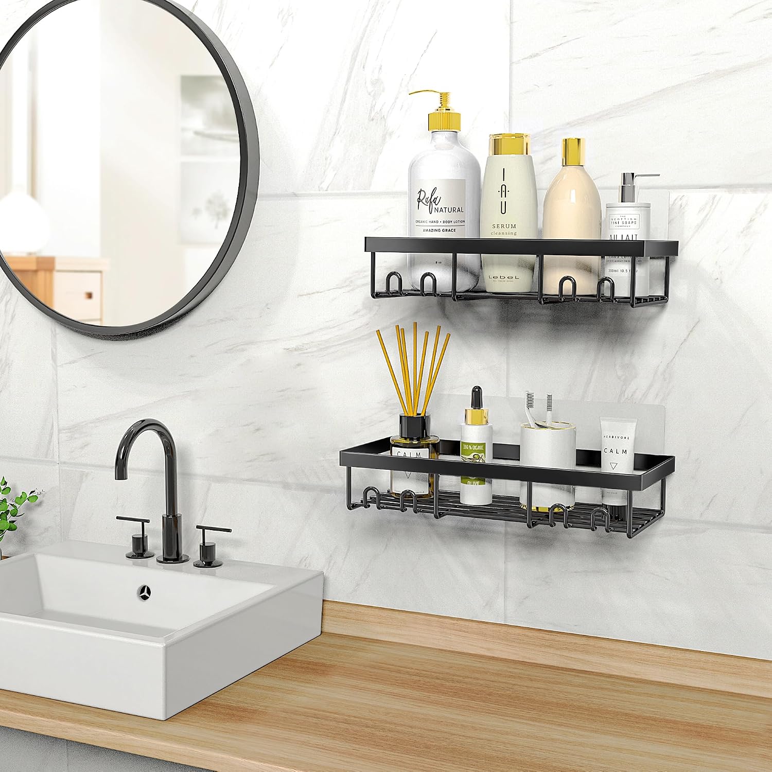 Thumbnail 6 de Moforoco Shower Caddy Shelf Organizer, 2-Piece Black Adhesive Set with Hooks