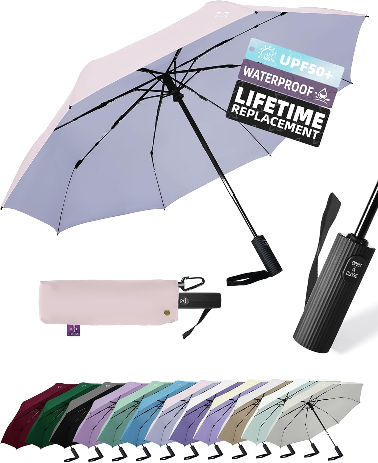 Detalle de LILAC Windproof 43-Inch Travel Umbrella: Compact, UV-Protective & Inversion-Resistant