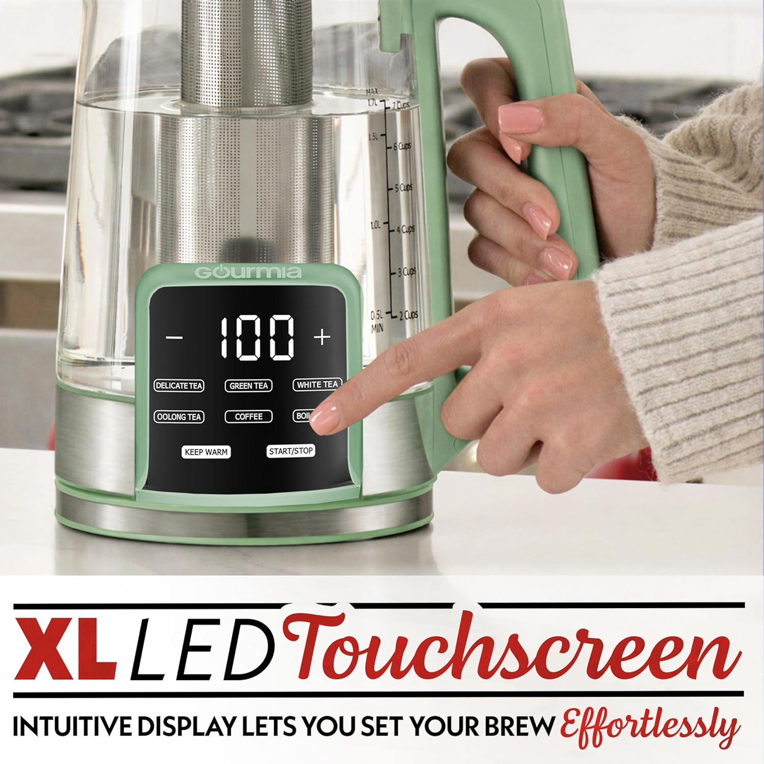 Detalle de Gourmia Electric Glass Kettle (1.7L) with 6 Presets, Removable Stainless Infuser & Digital Touch Display (Green)