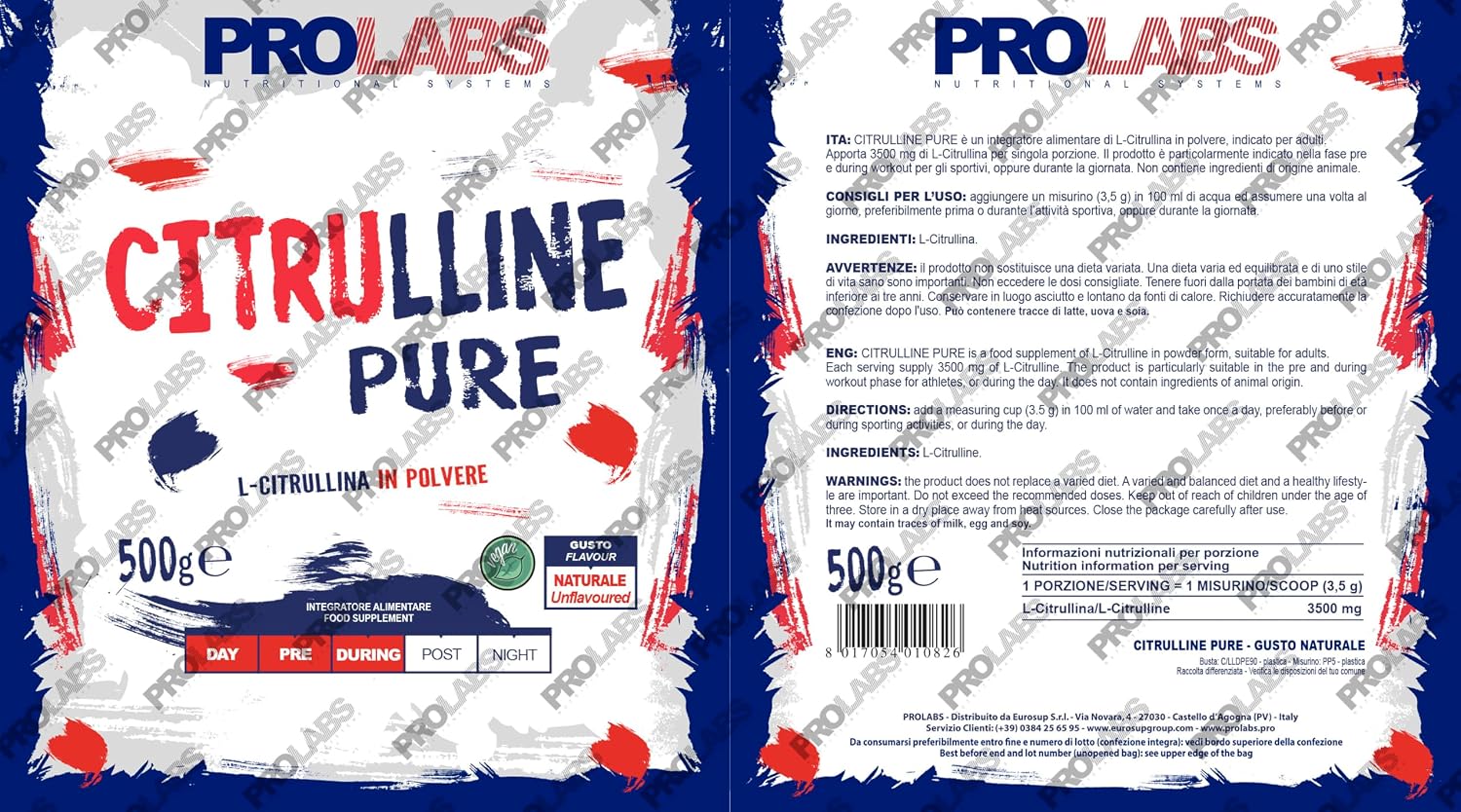 Detalle de PROLABS Citrullina PURE in Polvere 100% Pura e Vegan – 3500 mg per porzione, integratore di L-Citrullina per pre e intra workout (500 g, gusto Neutro)