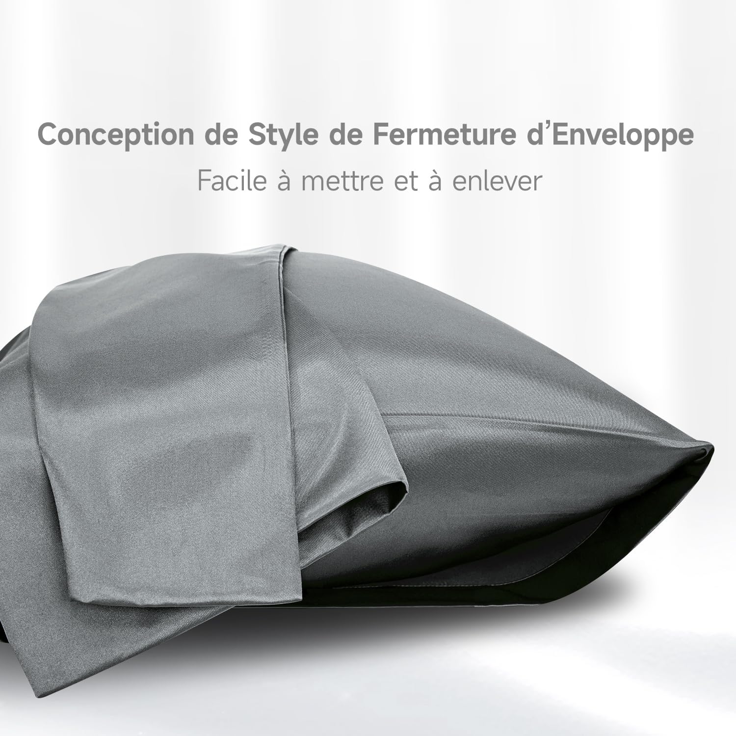 Detalle de Taie d’oreiller satin 65x65cm – Gris foncé, 2 pièces, soin peau et cheveux