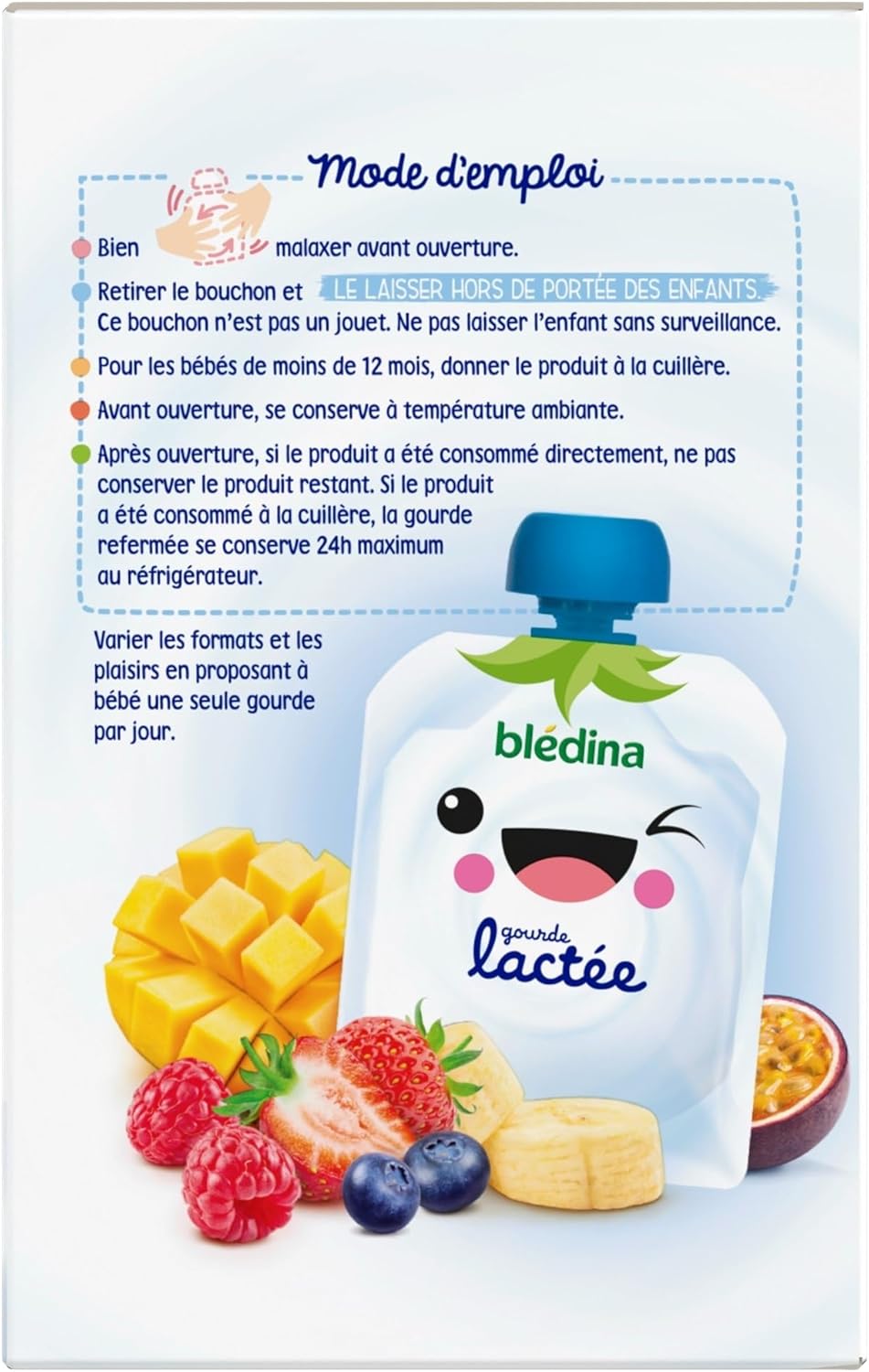 Detalle de BLÉDINA Gourdes lactées aux Fruits Bébé – Fruits Rouges / Pomme Banane / Fruits Exotiques (dès 10 mois) – 4 x 8 x 85 g