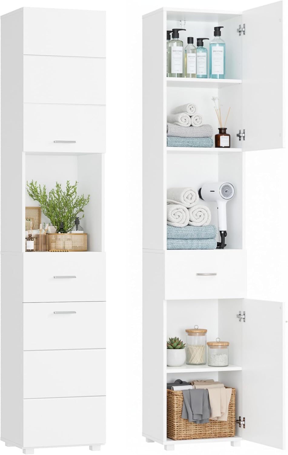 Detalle de FOREHILL 180cm Tall Bathroom Cabinet, Slim White Storage with Drawer
