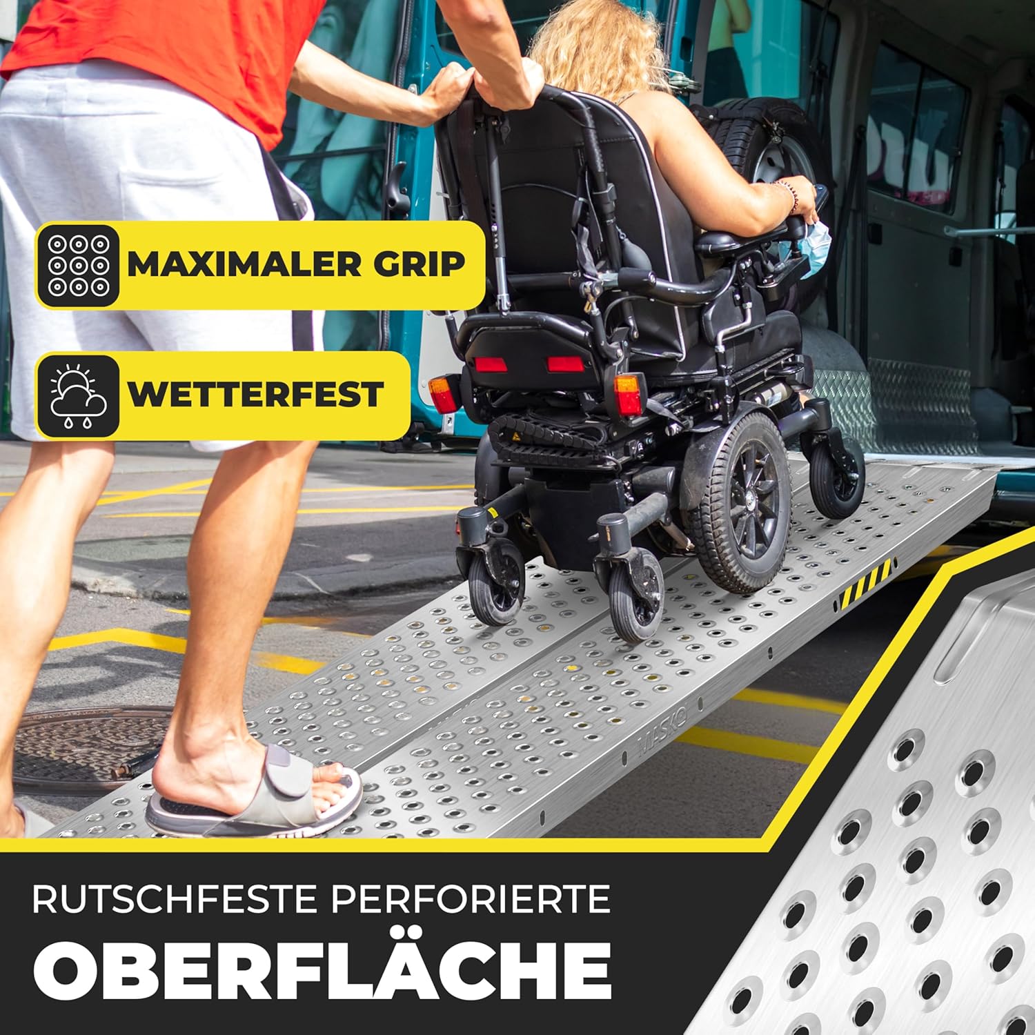 Detalle de MASKO 2X Auffahrrampe (verzinkter Stahl) – Verladerampe/Verladeschiene mit Antirutsch, max. 200 kg pro Rampe (400 kg pro Paar)