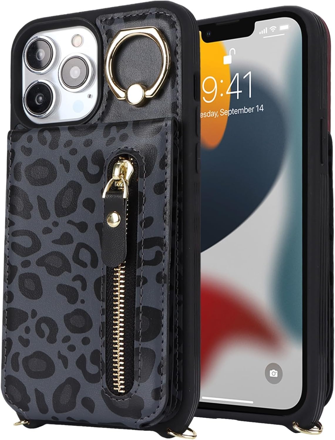 Thumbnail 6 de Zouzt iPhone 13 Pro Wallet Case with Card Holder, Strap and Ring – Black Leopard