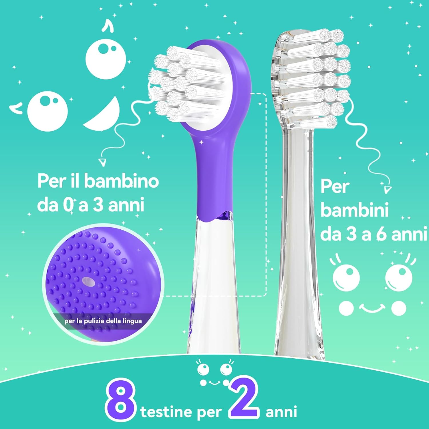 Thumbnail 2 de Spazzolino elettrico bambini Seago SG-2139 con manico in silicone a balena, LED e 8 testine (0–6 anni) – Viola