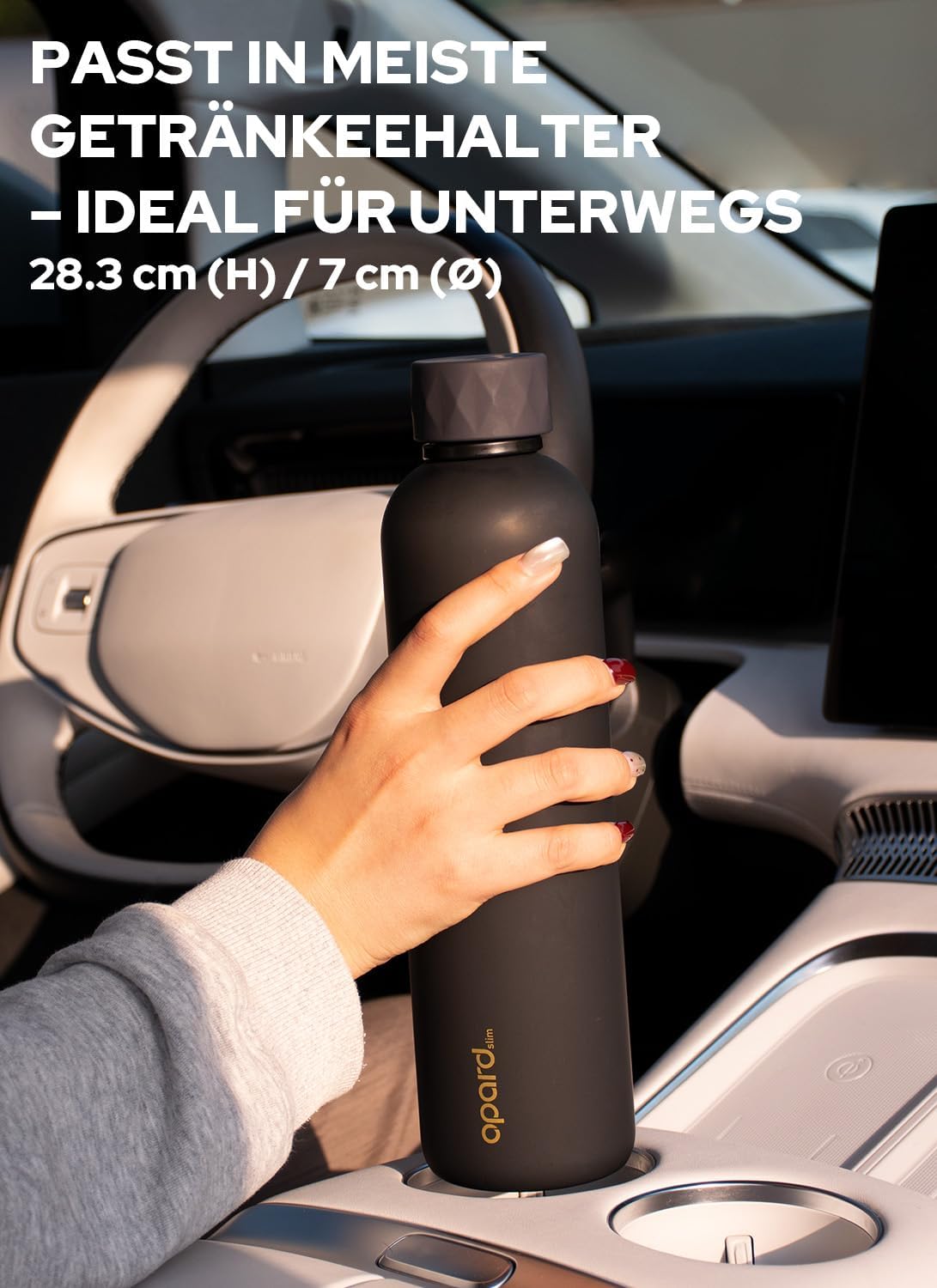Detalle de Opard Slim Pro Trinkflasche 1 l – kohlensäuregeeignet, auslaufsicherer Schraubverschluss & griffiger Gummihandgriff