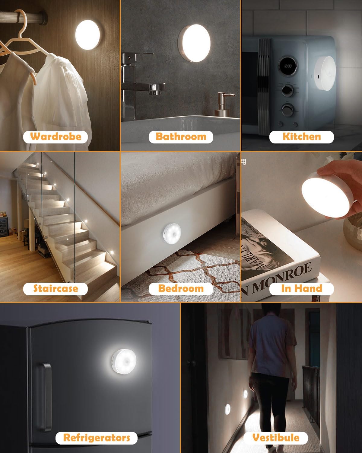 Detalle de Motion Sensor Lights Indoor, 6 Pack: USB Rechargeable Cupboard & Stair Lights with Magnetic Attachment