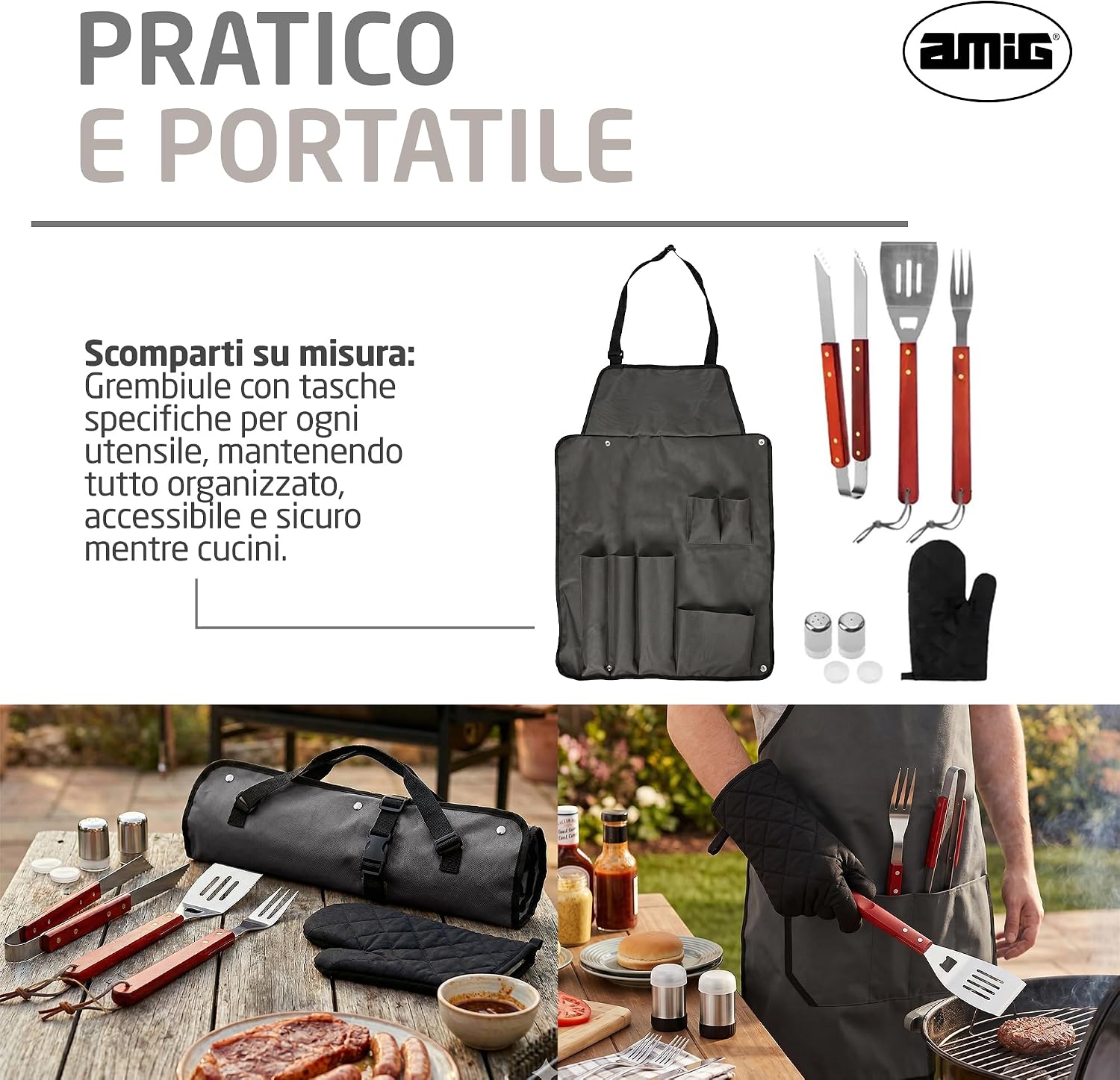 Detalle de Amig AM17: Grembiule barbecue con 7 accessori in acciaio inox, kit BBQ pratico e curato