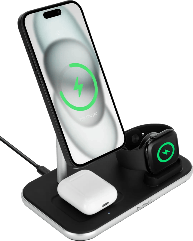 Detalle de BlueBuilt 3-in-1 kabelloses Ladegerät mit Qi2 (15 W) und Magner, schwarz