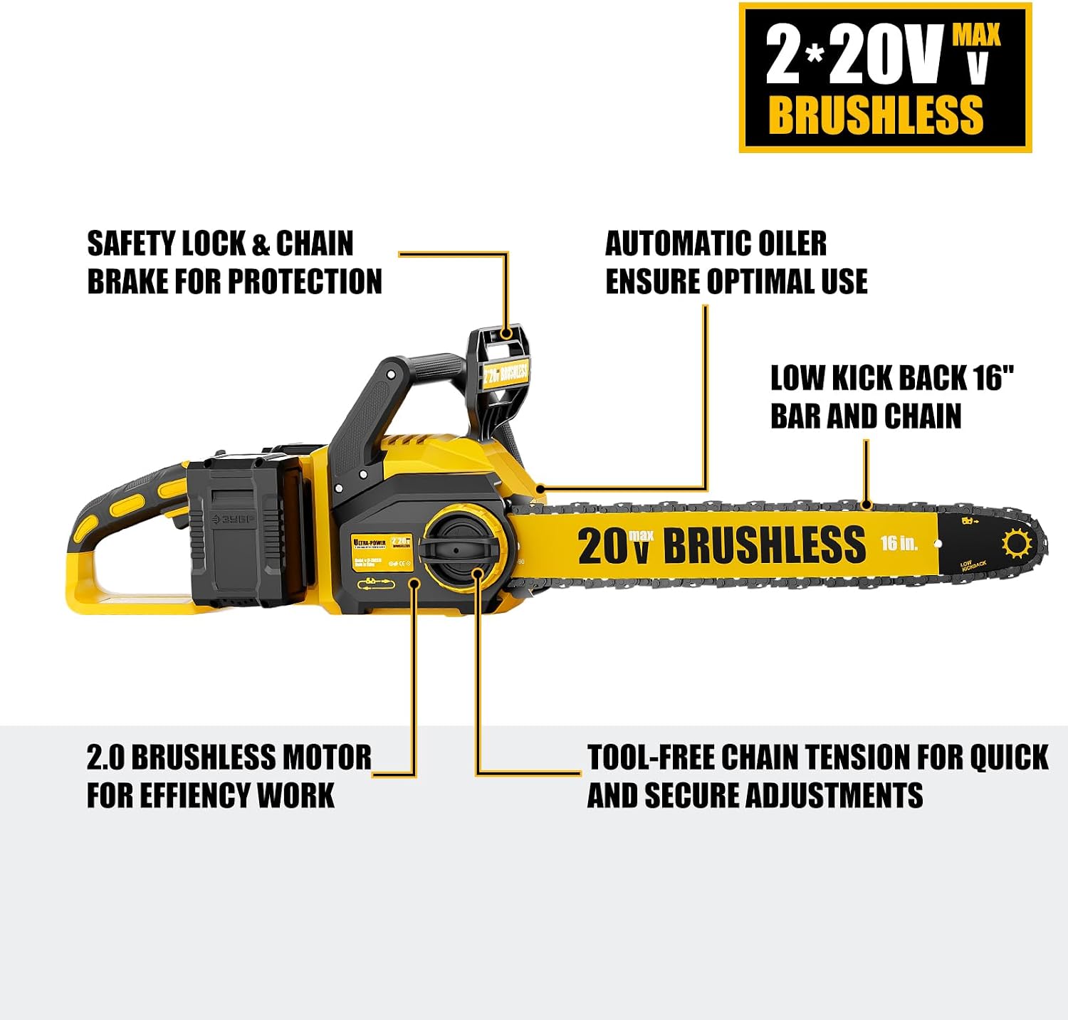Thumbnail 5 de pyrcruax EF-20CS16 40V Brushless Chainsaw, 16-Inch Bar, Tool-Free Tensioning