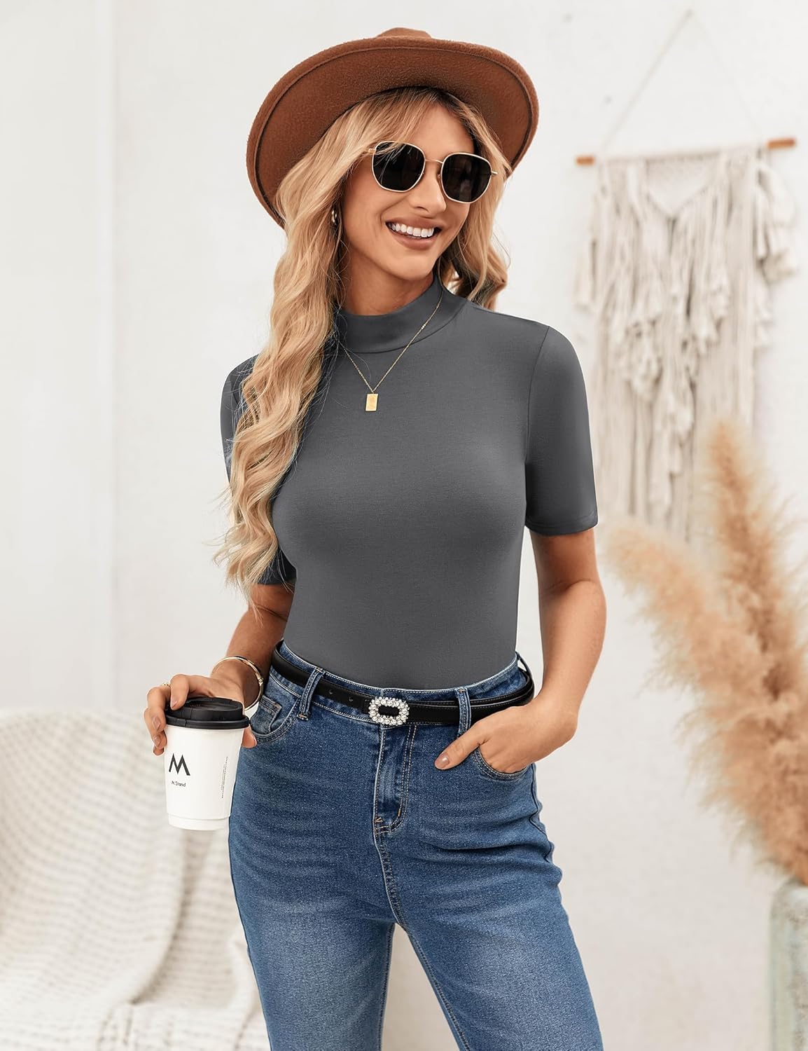 Thumbnail 4 de Totatuit Damen T-Shirt Stehkragen Kurzarm Top