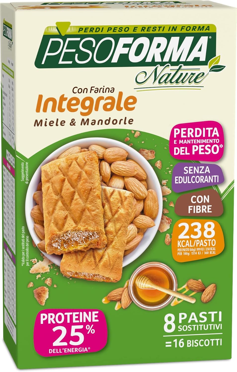 Detalle de Pesoforma 16 Biscotti, Miele e Mandorle con Farina Integrale – Pasto Sostitutivo proteico in 2 biscotti da 238 kcal