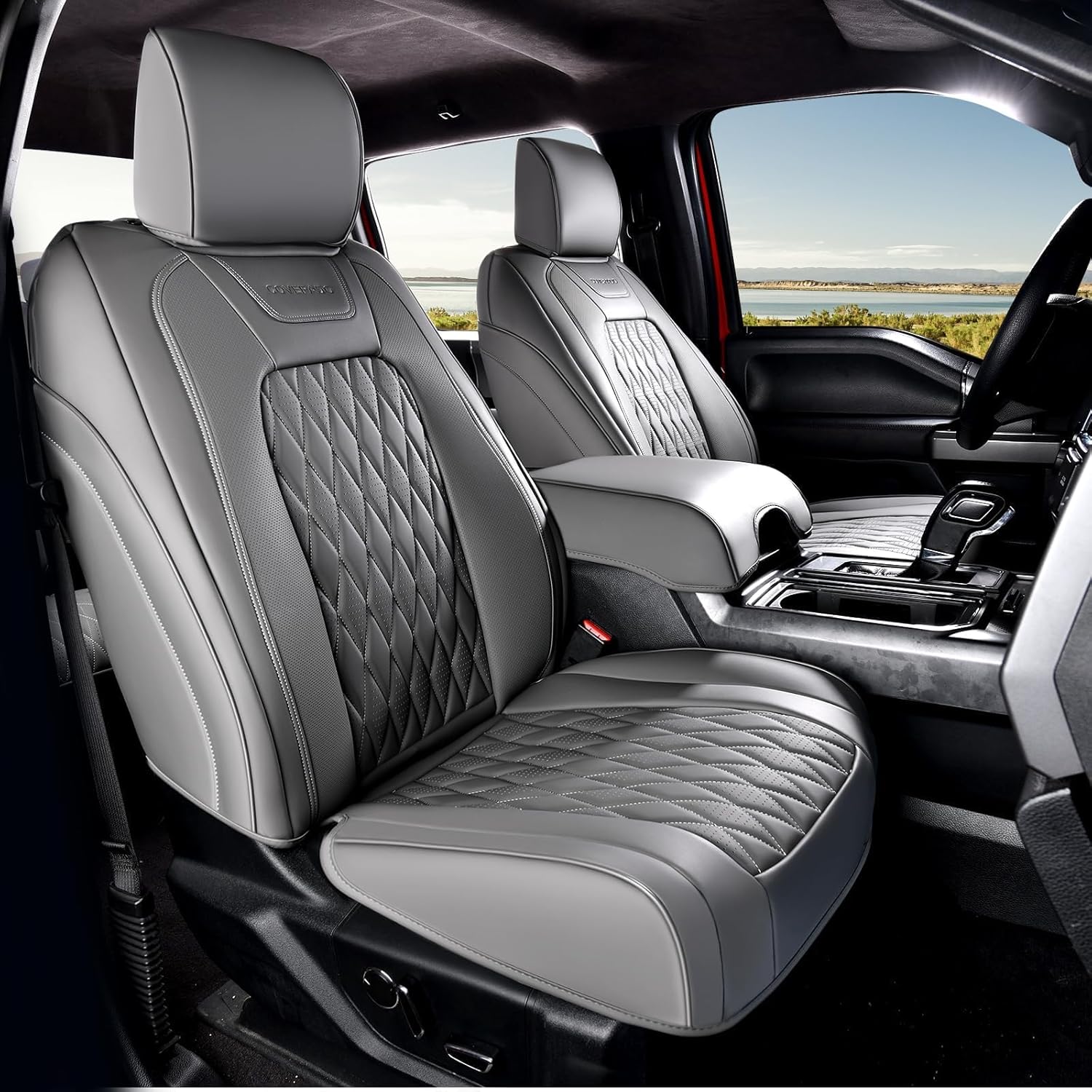 Detalle de Coverado Leather Seat Covers Full Set for Ford F-Series Crew Cab (2015–2026 F150, 2017–2026 F250/F350/F450) – Gray