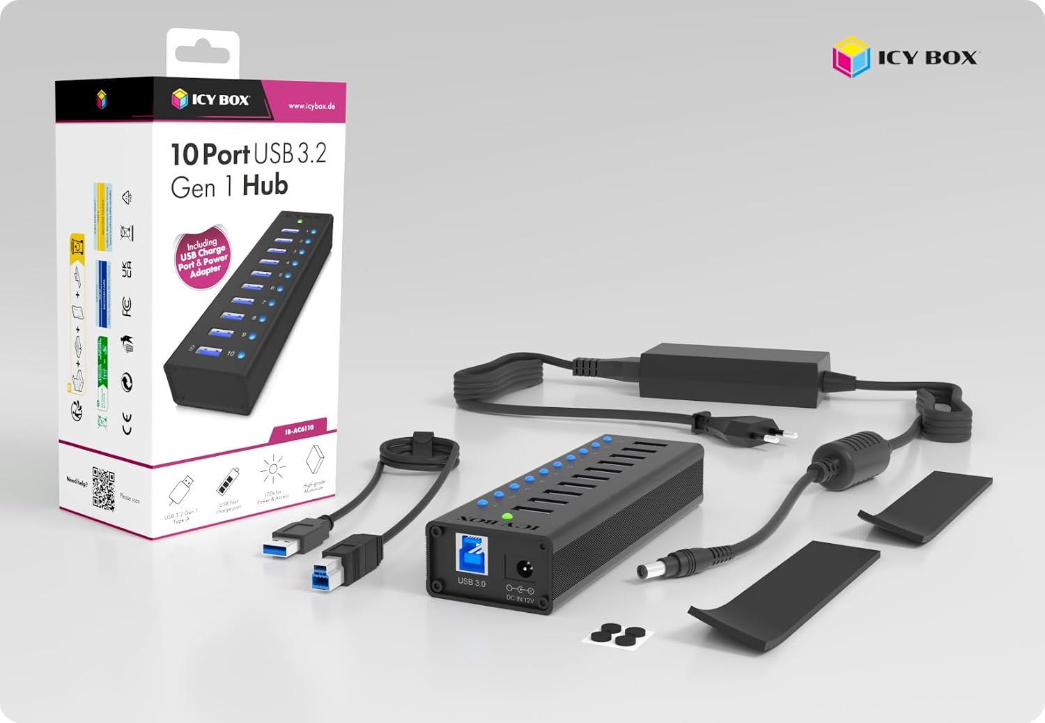Detalle de ICY BOX IB-AC6110 10-fach USB-3.0-Hub mit Netzteil (12V/4A) und Ladeport, Voll-Aluminium in Schwarz