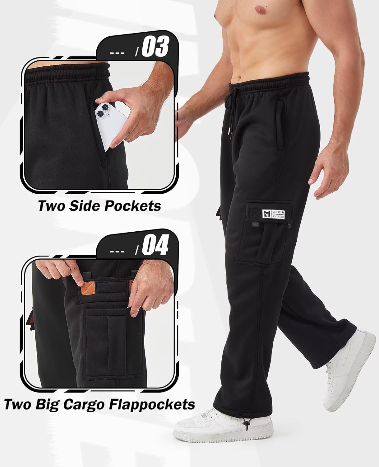 Thumbnail 3 de Minorlee Cargo Pants for Men 3-Pack Relaxed Fit Fleece Joggers with Pockets