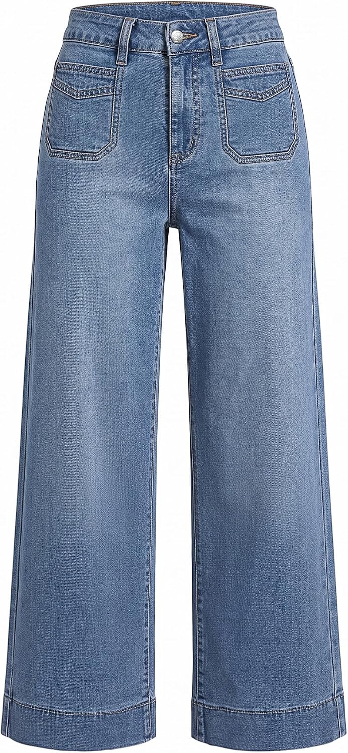 Detalle de GRAPENT Women's High-Waisted Wide-Leg Cropped Stretch Jeans, 27-Inch Inseam