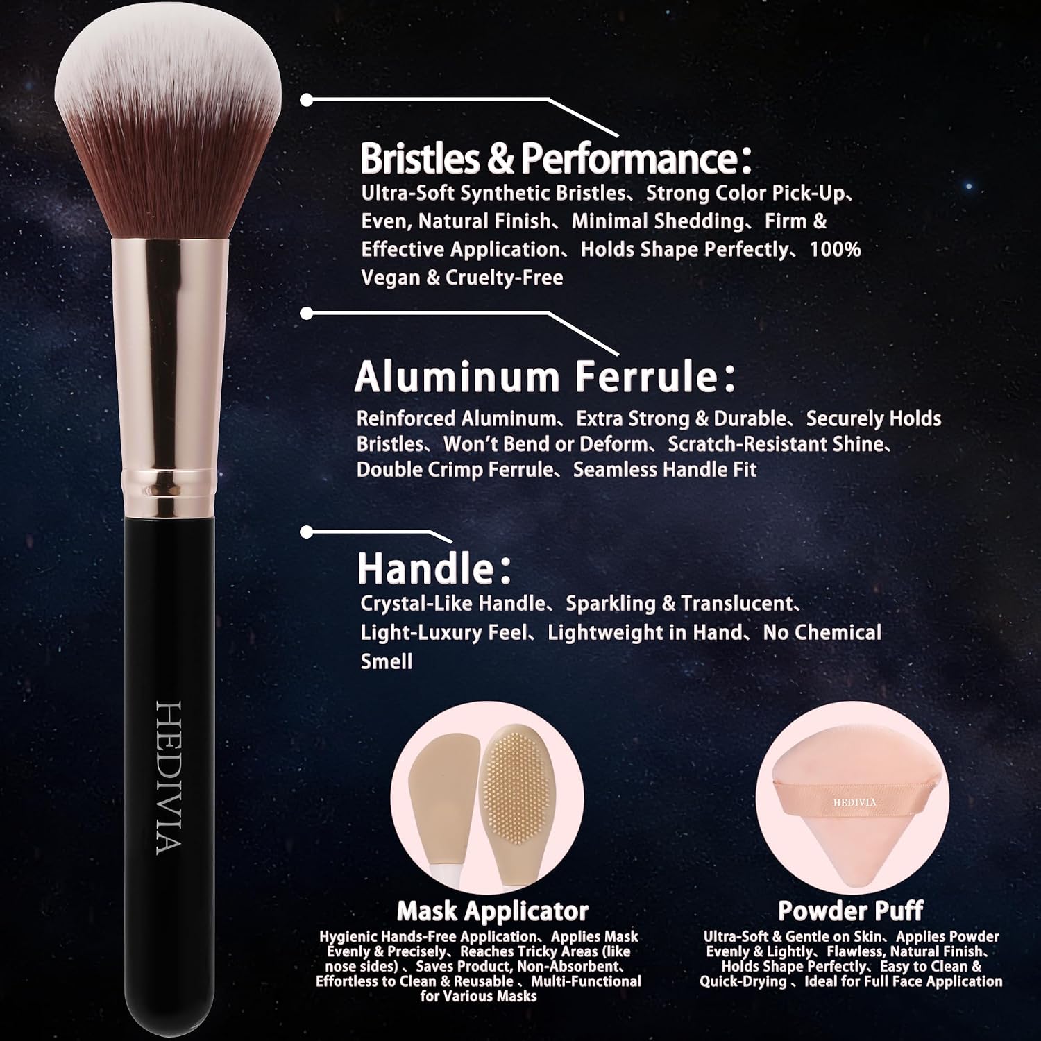 Thumbnail 1 de HEDIVIA Black 14-Piece Makeup Brushes Set (Synthetic Foundation, Concealer, Powder, Blush, Eyeshadow) + Powder Puffs & Dual-Ended Mask Applicator
