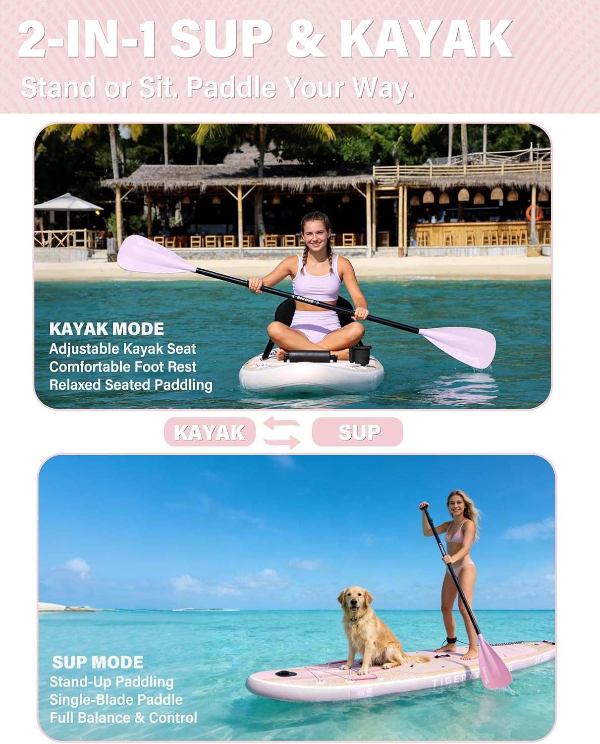 Detalle de TIGERXBANG Inflatable SUP Board with Kayak Seat – 11’ x 34”, 485 lb Capacity