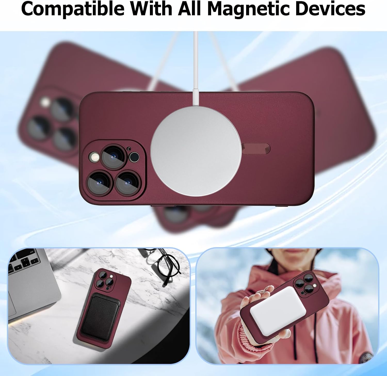 Detalle de ankofave Magnetic Case for iPhone 15 Pro (Red Wine) — Matte Luxury Shield with Camera Lens Protector