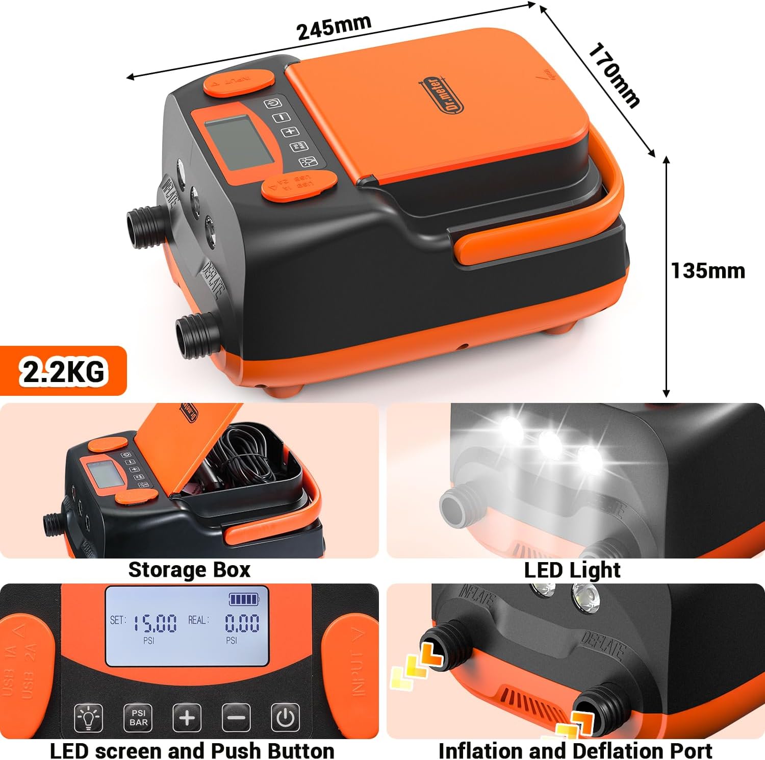 Detalle 2 de Dr.meter Pompa Elettrica SUP 12V DC da 6.000 mAh con 2 USB, 3 LED e 6 ugelli